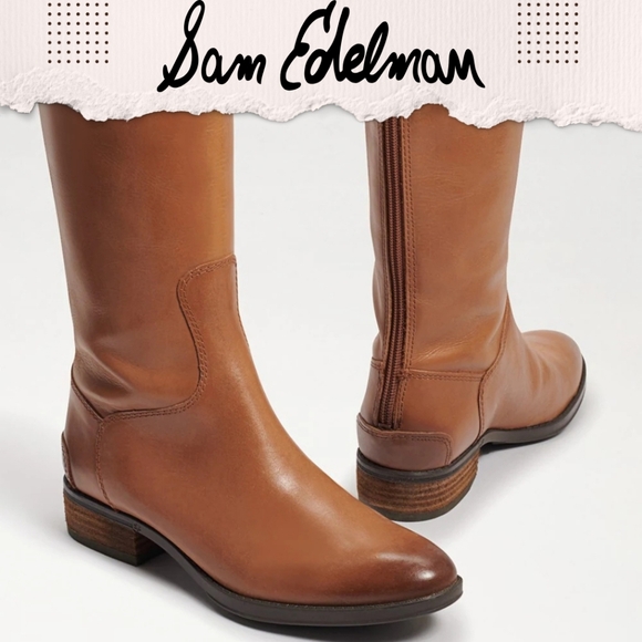 Sam Edelman Penny Brown Whiskey Leather Riding Boot 7M Heeled Zip - Picture 1 of 15